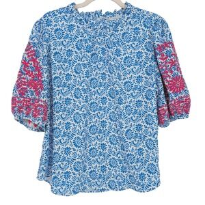VOY Floral Embroidered Puff Sleeve Top Womens L Blue White Pink Ruffle Neck Boho